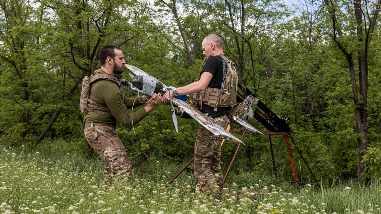 Ukrainian soldiers prepare the Bliskavka attack drone to strike Russian positions in the direction of Kostiantynivka, Donetsk Oblast, Ukraine on May 15, 2026.