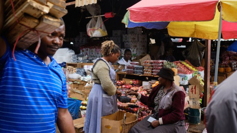Fruit vendor sort through blueberries in a punnet at their stall at Mbare Musika vegetable market in Harare
