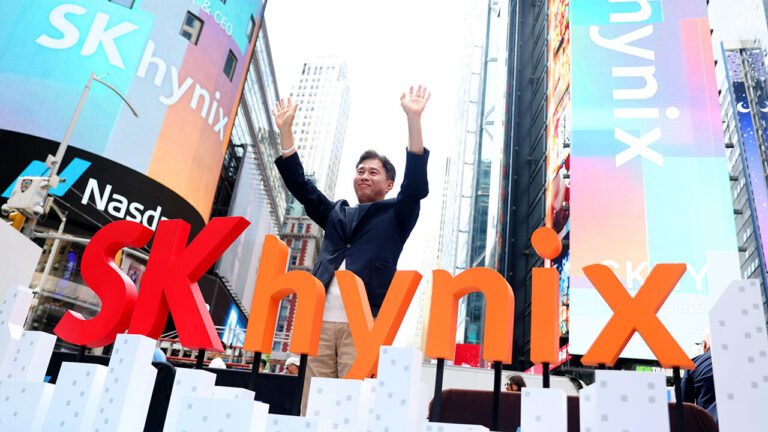 Kwak Noh-jung, president and chief executive officer of SK Hynix Inc., during the company's initial public offering (IPO) at the Nasdaq MarketSite in New York, US, on Friday, July 10, 2026.
