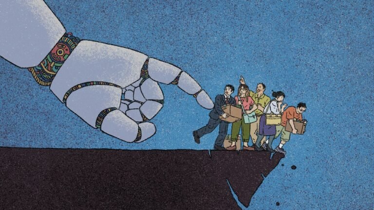 A giant robot hand pushes a group of employees off the edge of a cliff.