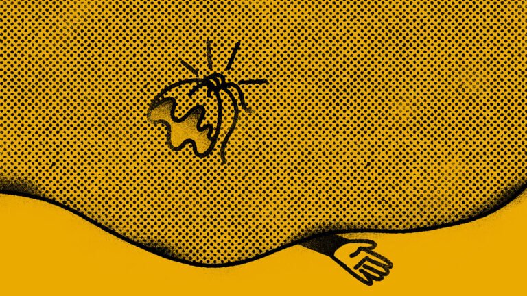 A black-and-yellow illustration of a balloon with a tied knot and a small hand peeking out from underneath