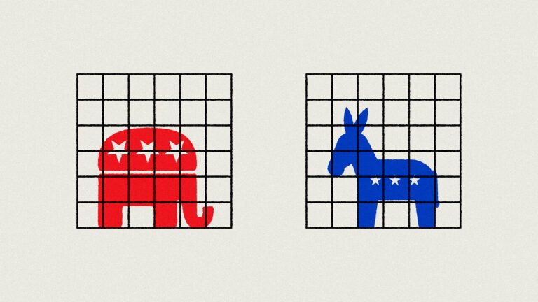 The illustration shows the Republican elephant and Democratic donkey confined within identical grids, suggesting that both parties are boxed in by rigid political divisions, constraints or partisan thinking, making it difficult for either side to move beyond entrenched positions.